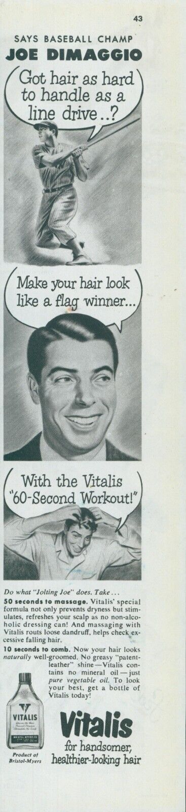 1949 Vitalis Joe DiMaggio Handle Line Drive Winner Workout Vtg Print Ad C15