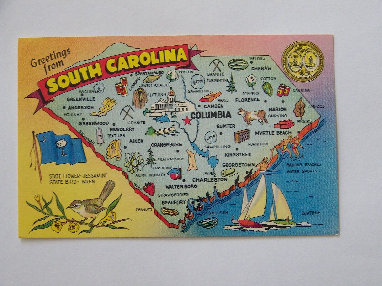 SC-South Carolina, Greetings, Map Of SC, Flag, Bird Vintage Souvenir Postcard