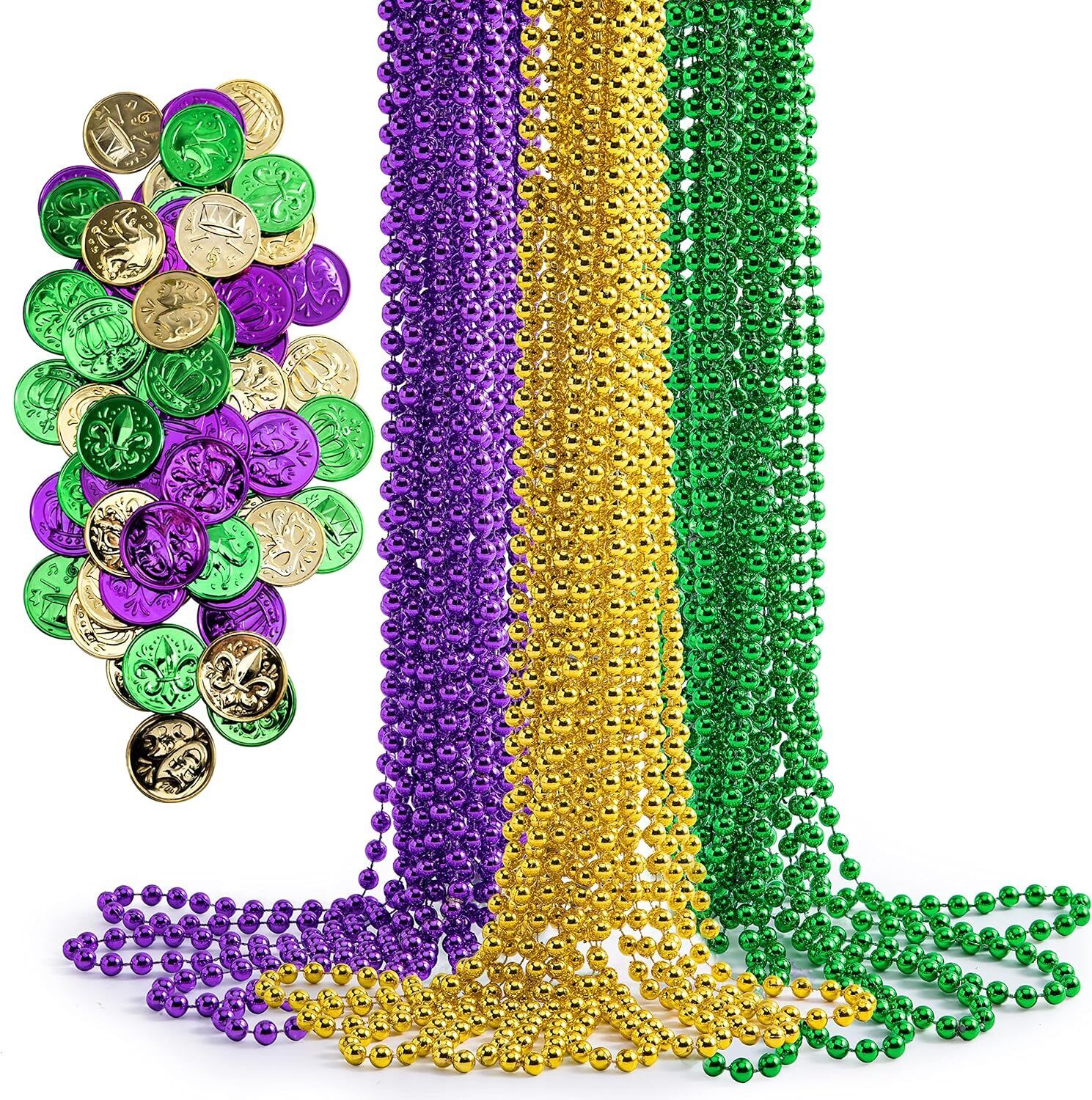 156 PCS Mardi Gras Set Include 36 PCS Mardi Gras Beads Necklace, Plastic Coins