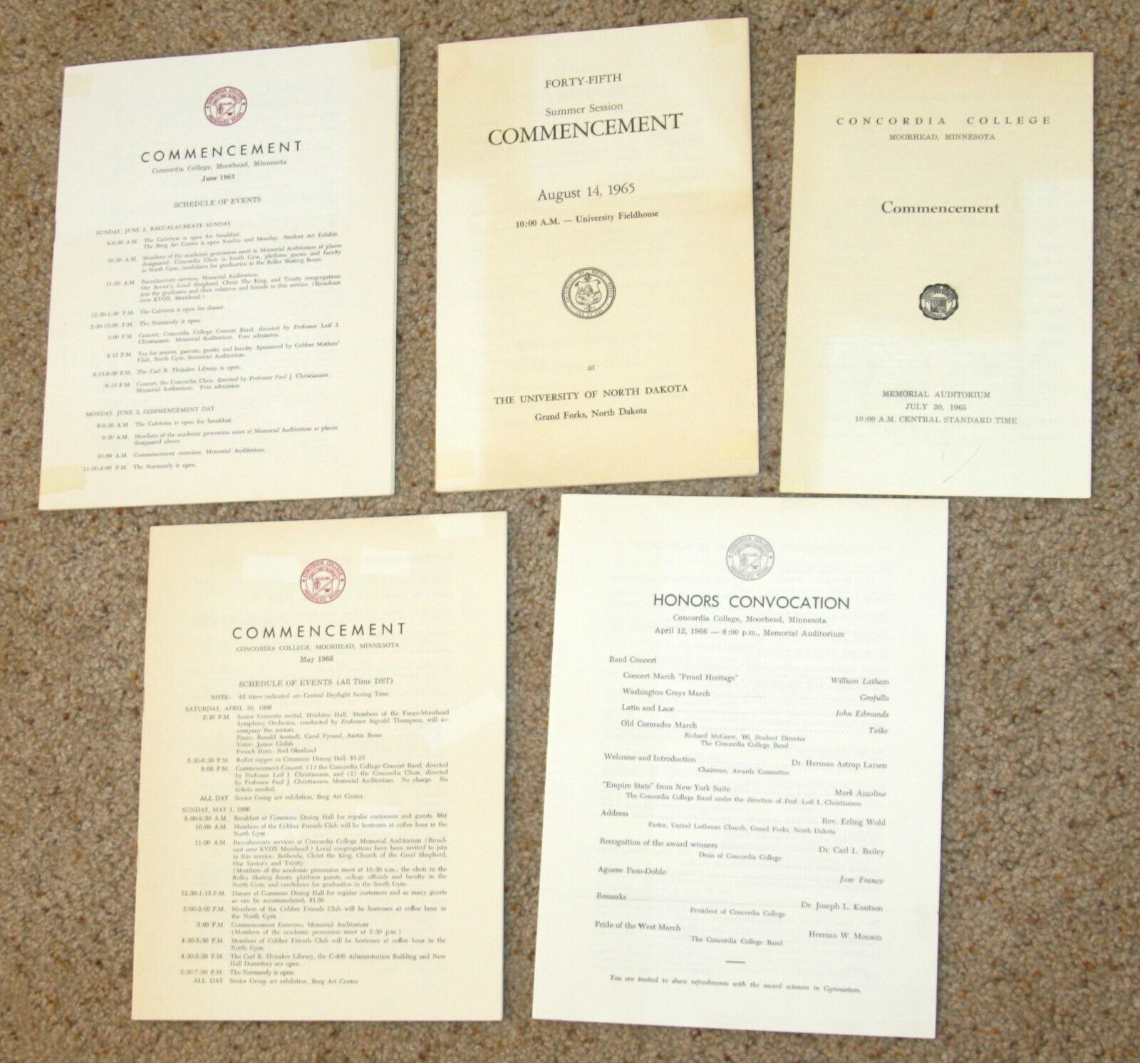 Vintage Concordia College commencement honor convocation programs 1963 1965 1966