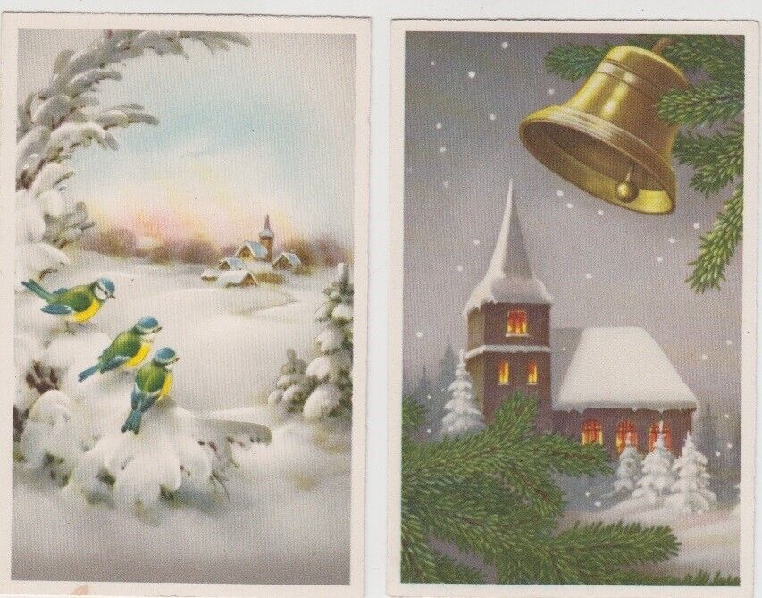 GOD JUL / MERRY CHRISTMAS. Winter Scene, Birds, Church, Bell. Norway. Used