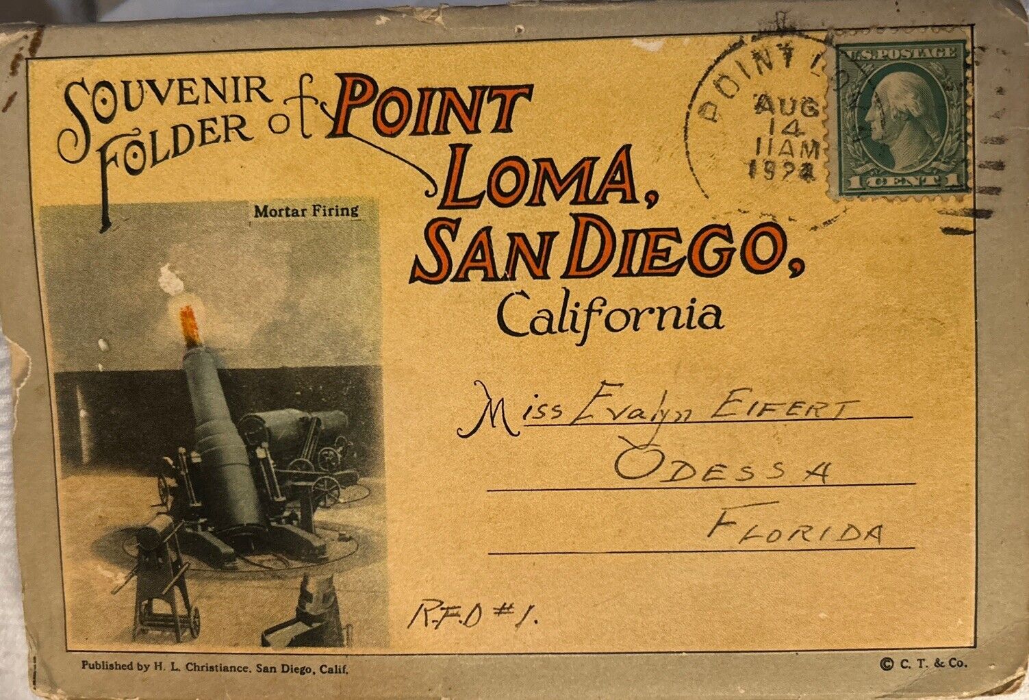 Point Lima, San Diego, CA. Postcard Folder. 1924 - 1 Cent Stamp
