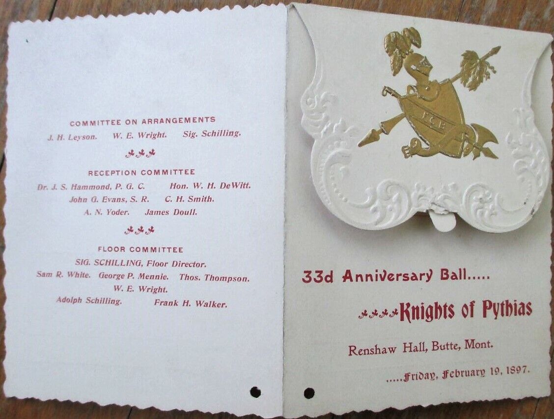 Butte, MT 1897 Knights of Pythias Dance Card/Program: Anniversary Ball - Montana