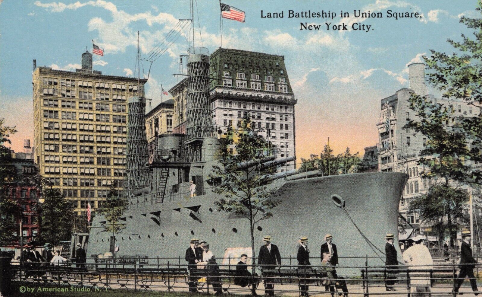 New York City Land Battleship “USS Recruit” Navy Union Square  Postcard ca 1917
