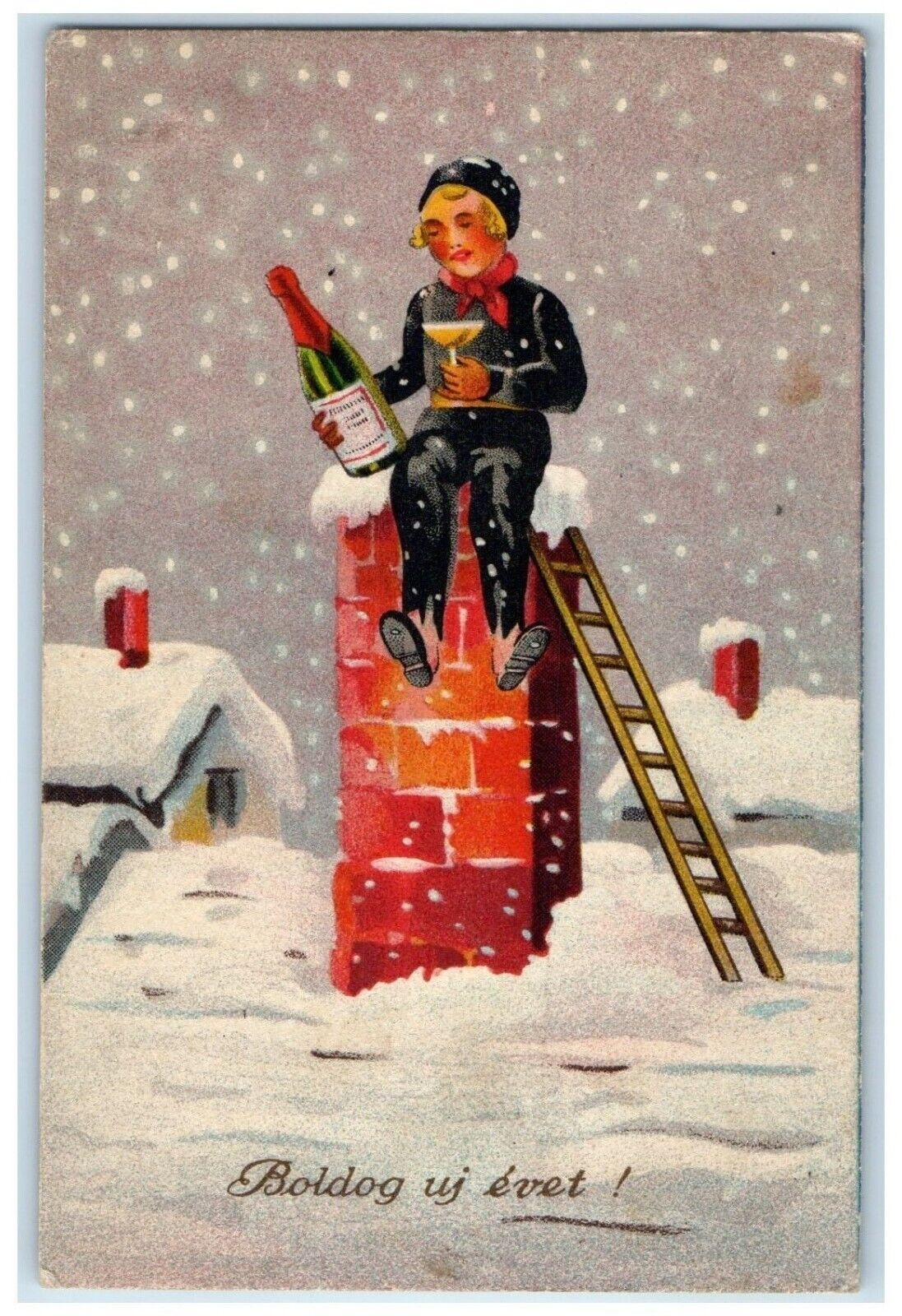 1940 New Year Hungary Boys On Top Of Chimney Champagne Winter Snow Postcard