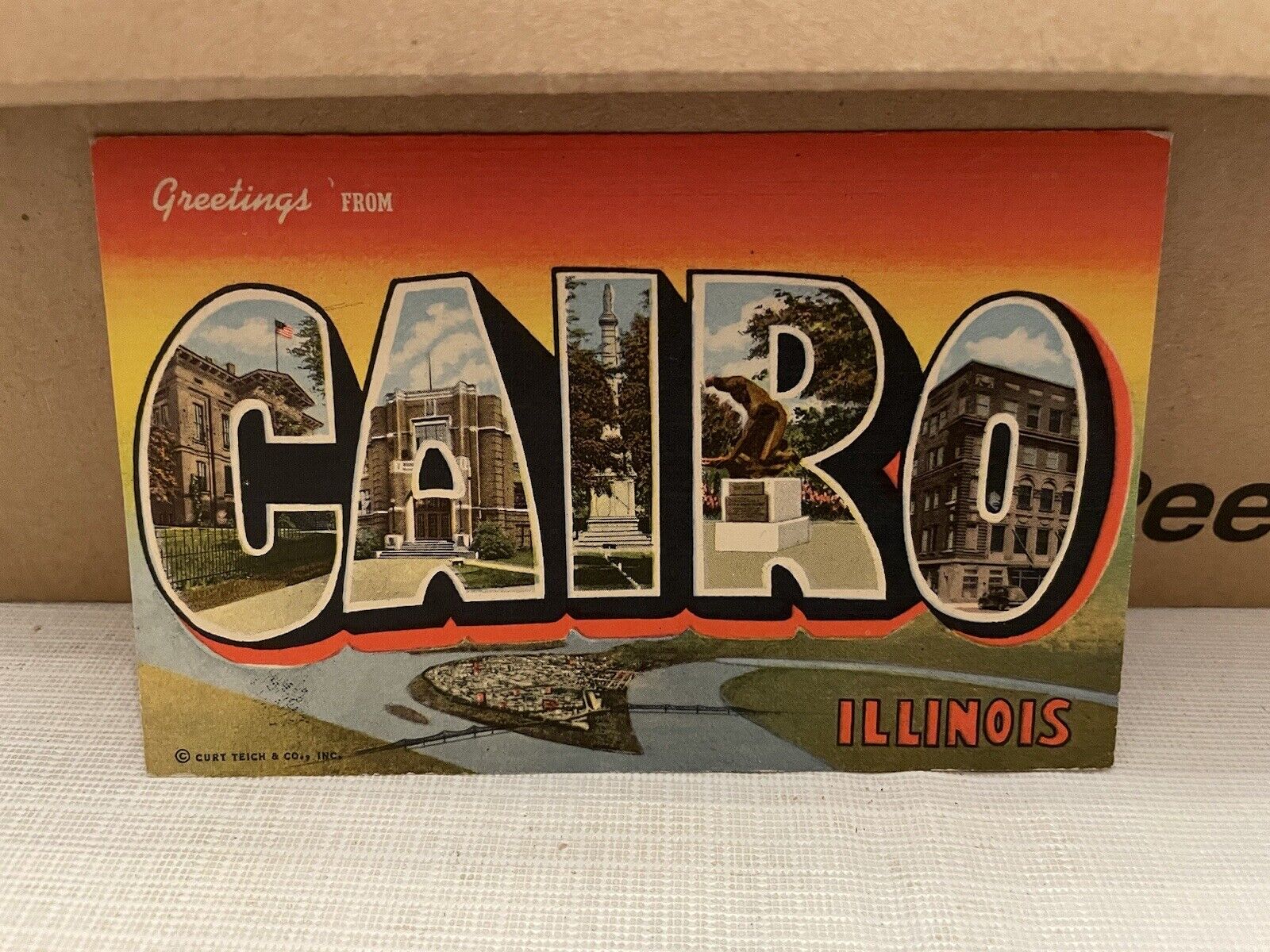 Greetings from Cairo Illinois Large Letter Linen Postcard Circa 1940's IL