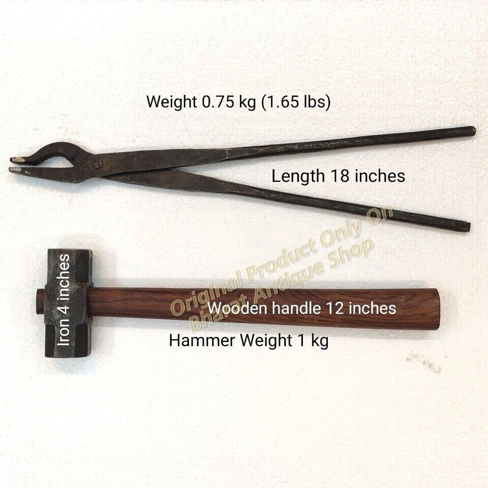 Set of 2 Black Iron Hammer Blacksmith Wooden Handle With Iron Tong Heavy Duty