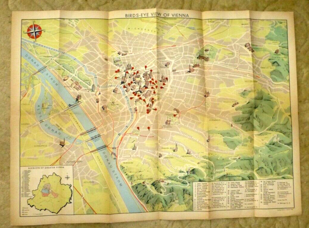 VINTAGE ILLUSTRATED MAP MAPS VIENNA UNITED STATES FORCES IN AUSTRIA c.1950