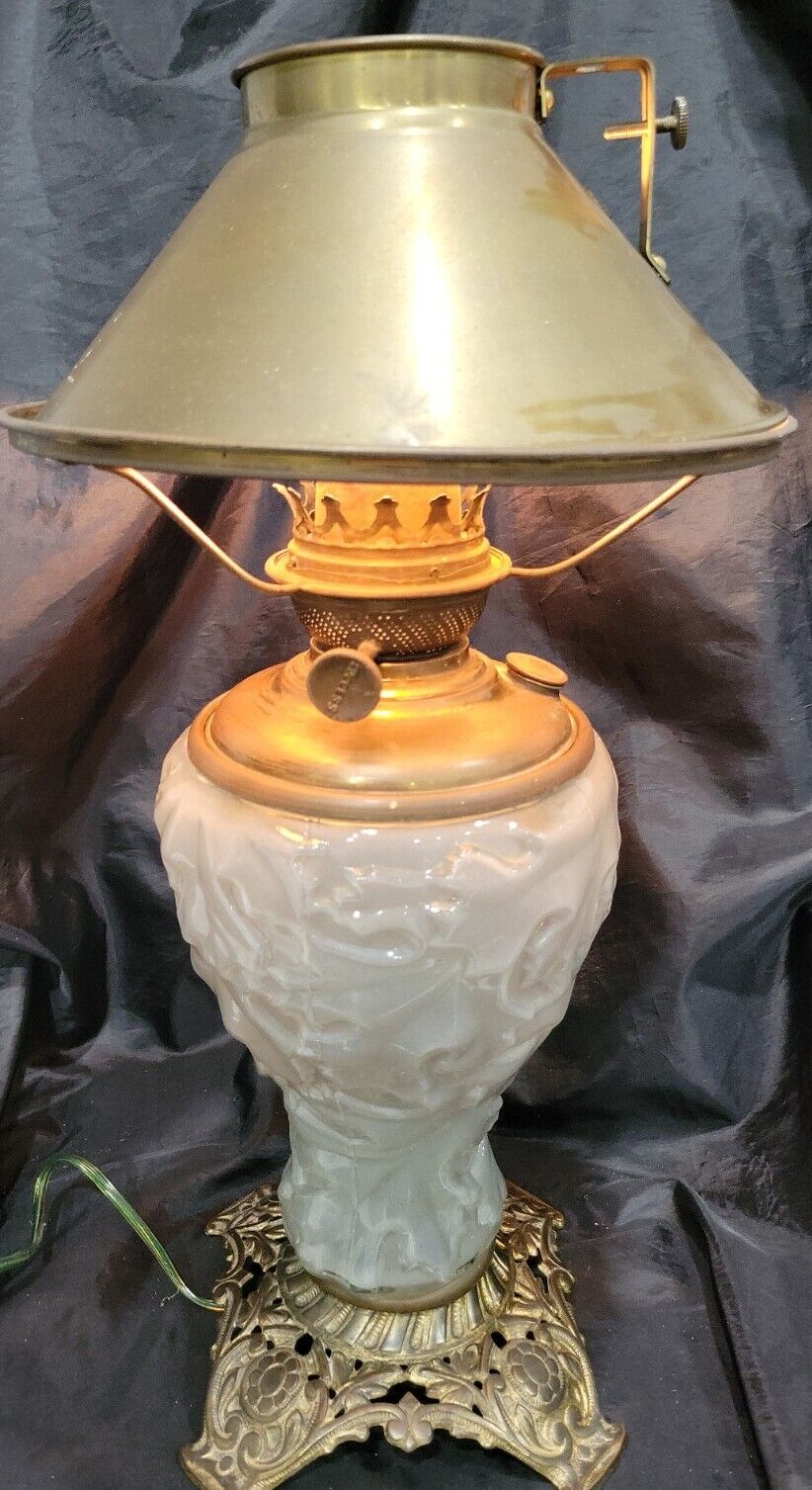 ANTIQUE SUCCESS OIL LAMP W/SATIN PUFFY ROSE GLASS GWTW CONVERTED W/BRASS SHADE