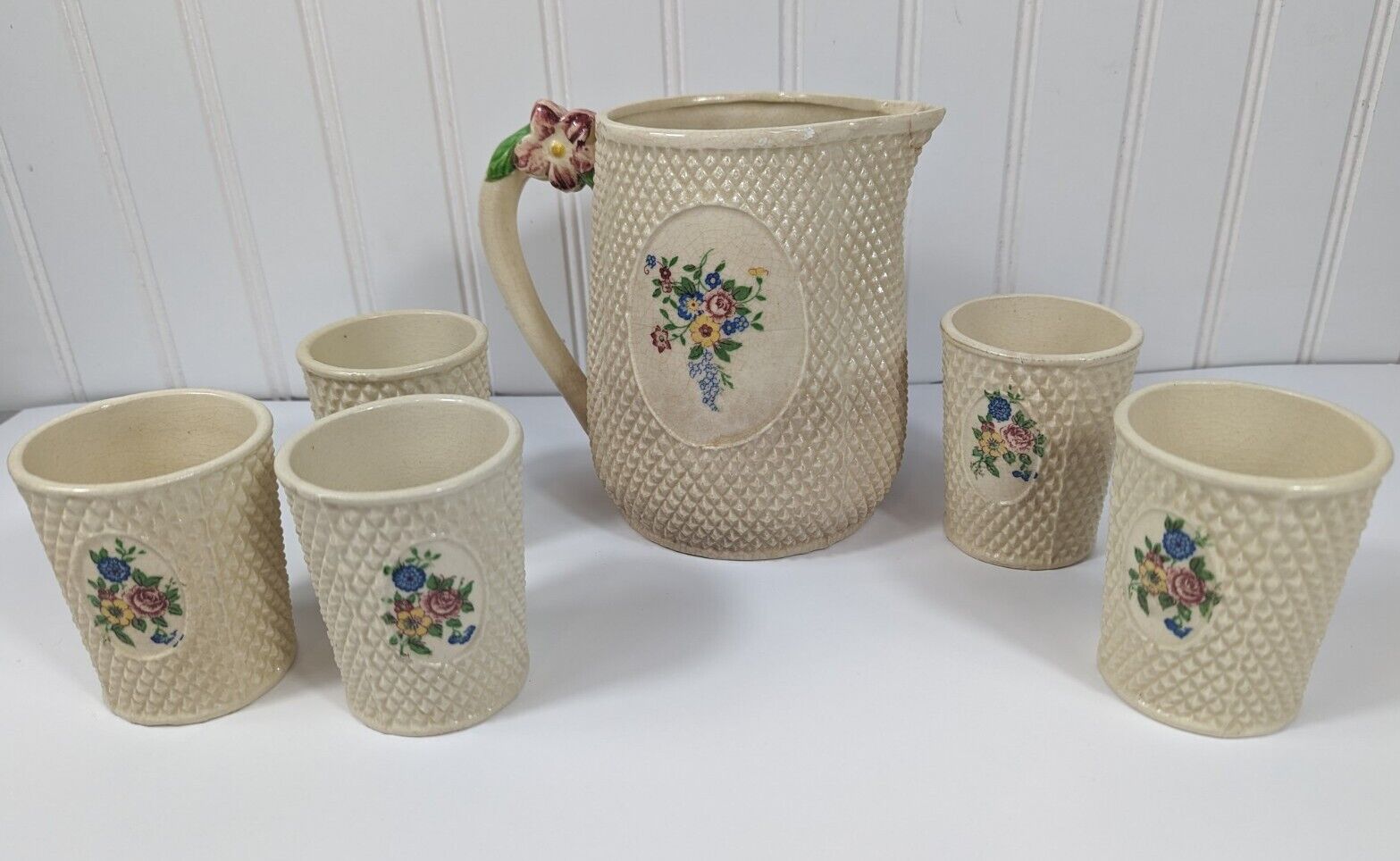 Vintage Tashiro Shoten Japan Ceramic Hobnail Floral Pitcher W 5 Cups