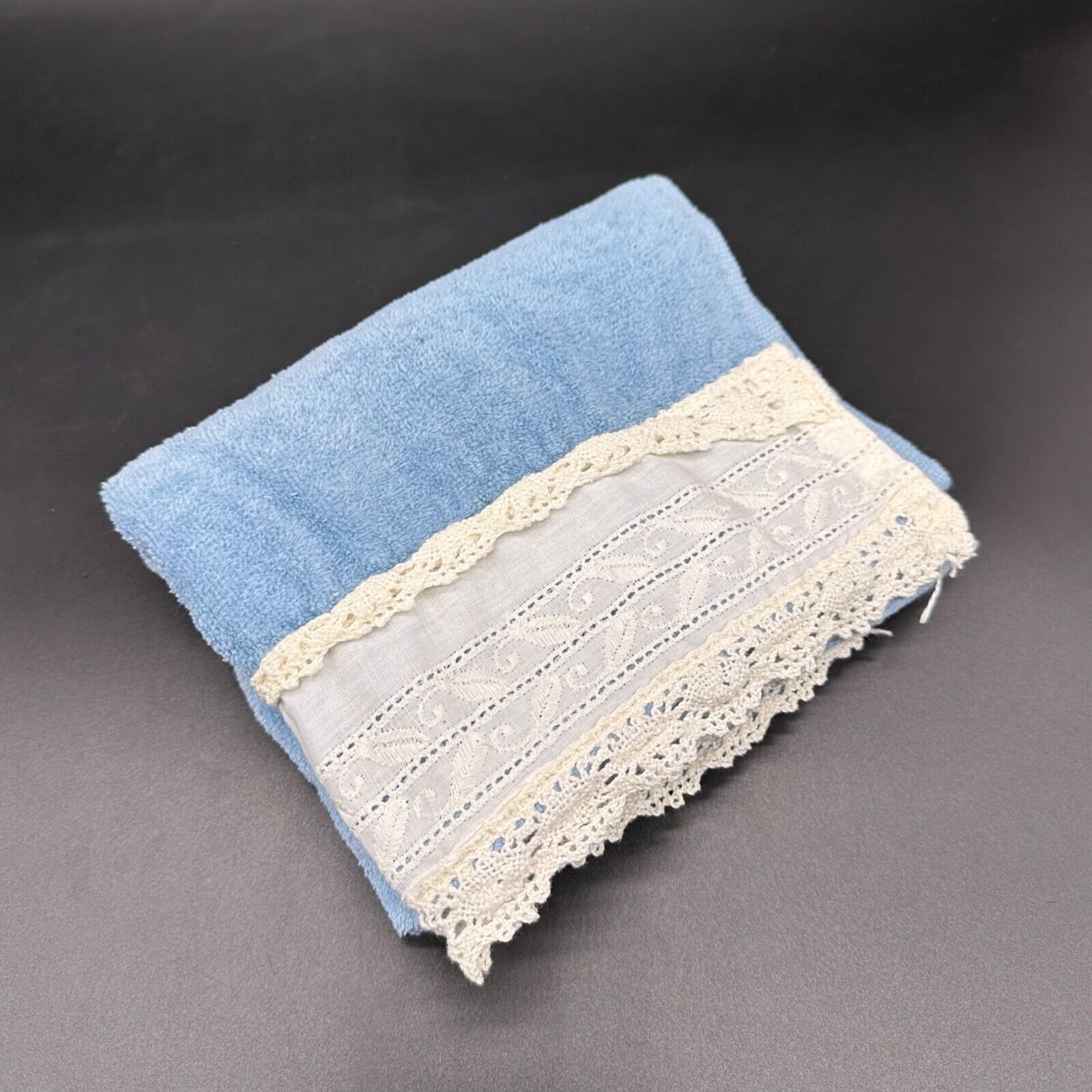 Vintage Hand Towel Blue Cream Lace 1978 Grand Prix by Avanti USA Cotton Bathroom