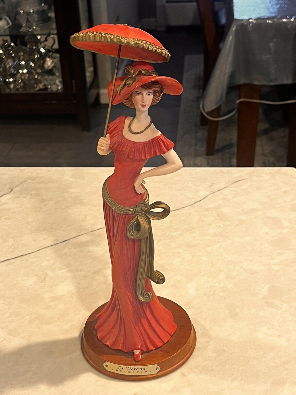 La Verona Collection Lady in Red 13” Figurine With Parasol EXCELLENT CONDITION