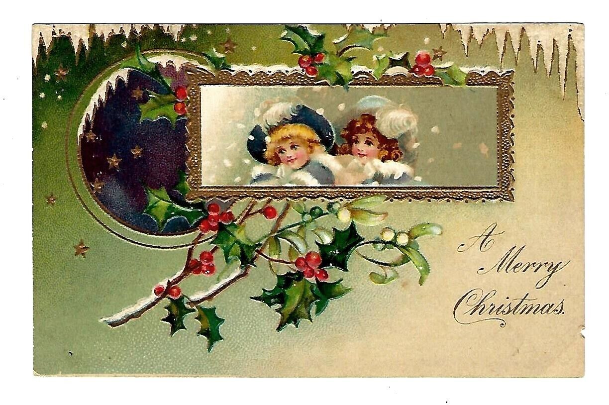 c1908 Int\'l Art #776 Christmas Postcard Boy & Girl in Gold Frame, Embossed