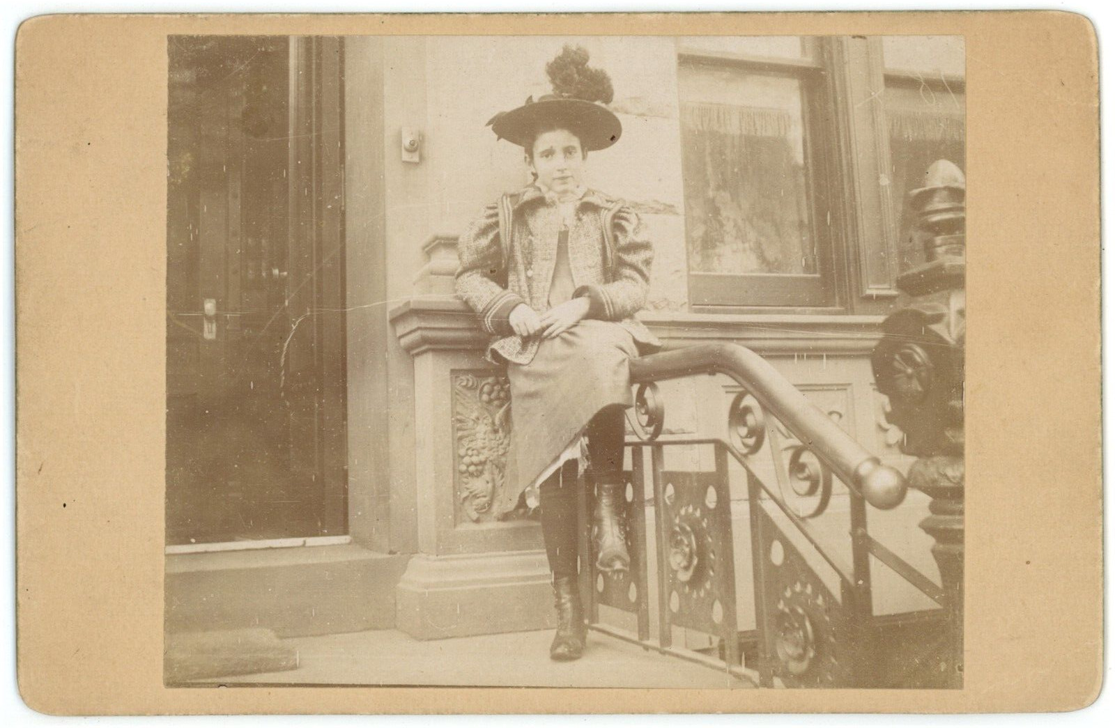 CIRCA 1880\'S Named CABINET CARD Girl in Fancy Clothing & Hat Outside on Banister