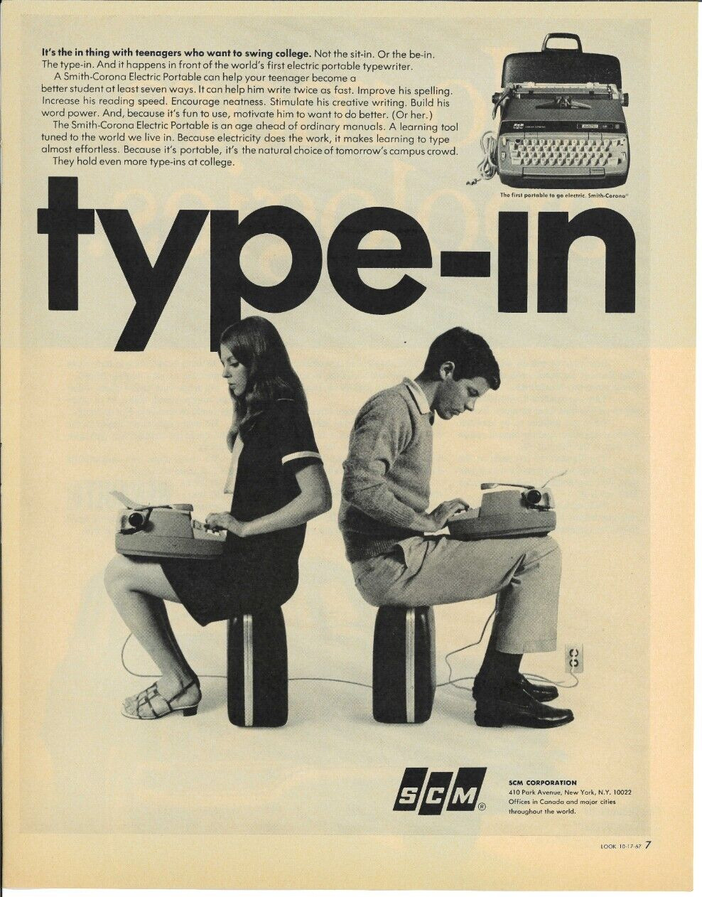 1967 SCM Electric Portable Typewriter Vintage Magazine Print Ad 10.25X13.25