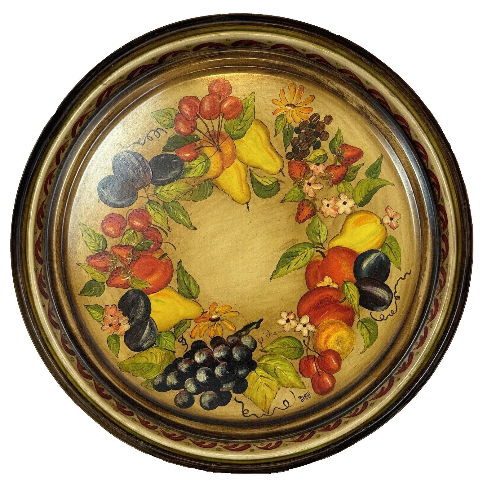 Vintage Hand Painted Tole Tray Metal Signed Dated ‘74 Art Winery Grapes Fruit