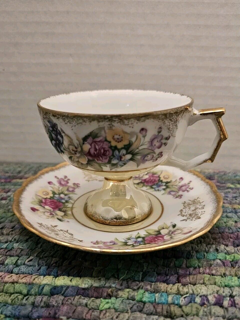 Vintage Japanese Tea Cup and Saucer Set Floral and Gold 
