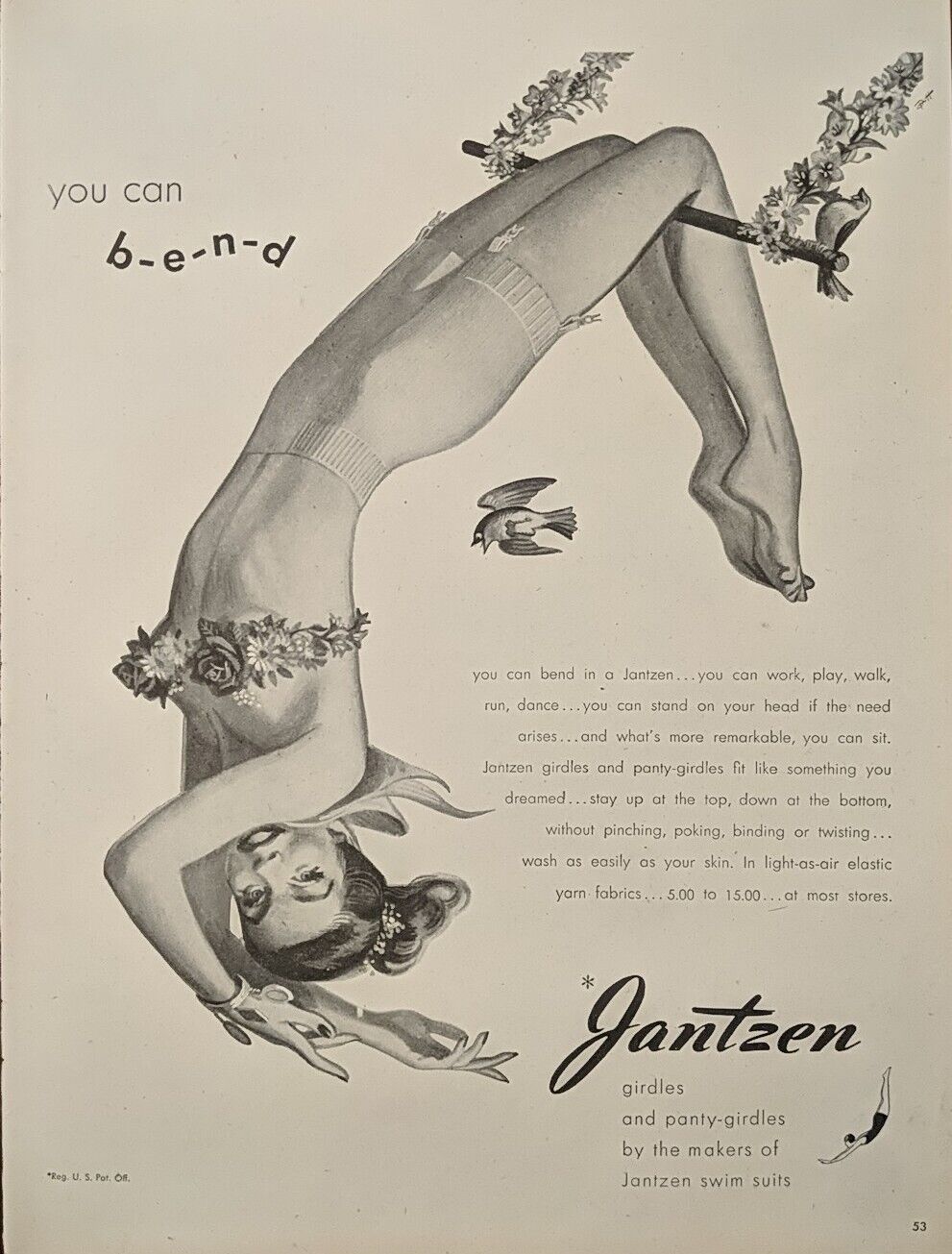 1949 Vintage Jantzen girdles print ad, unique sexy art, post World War II