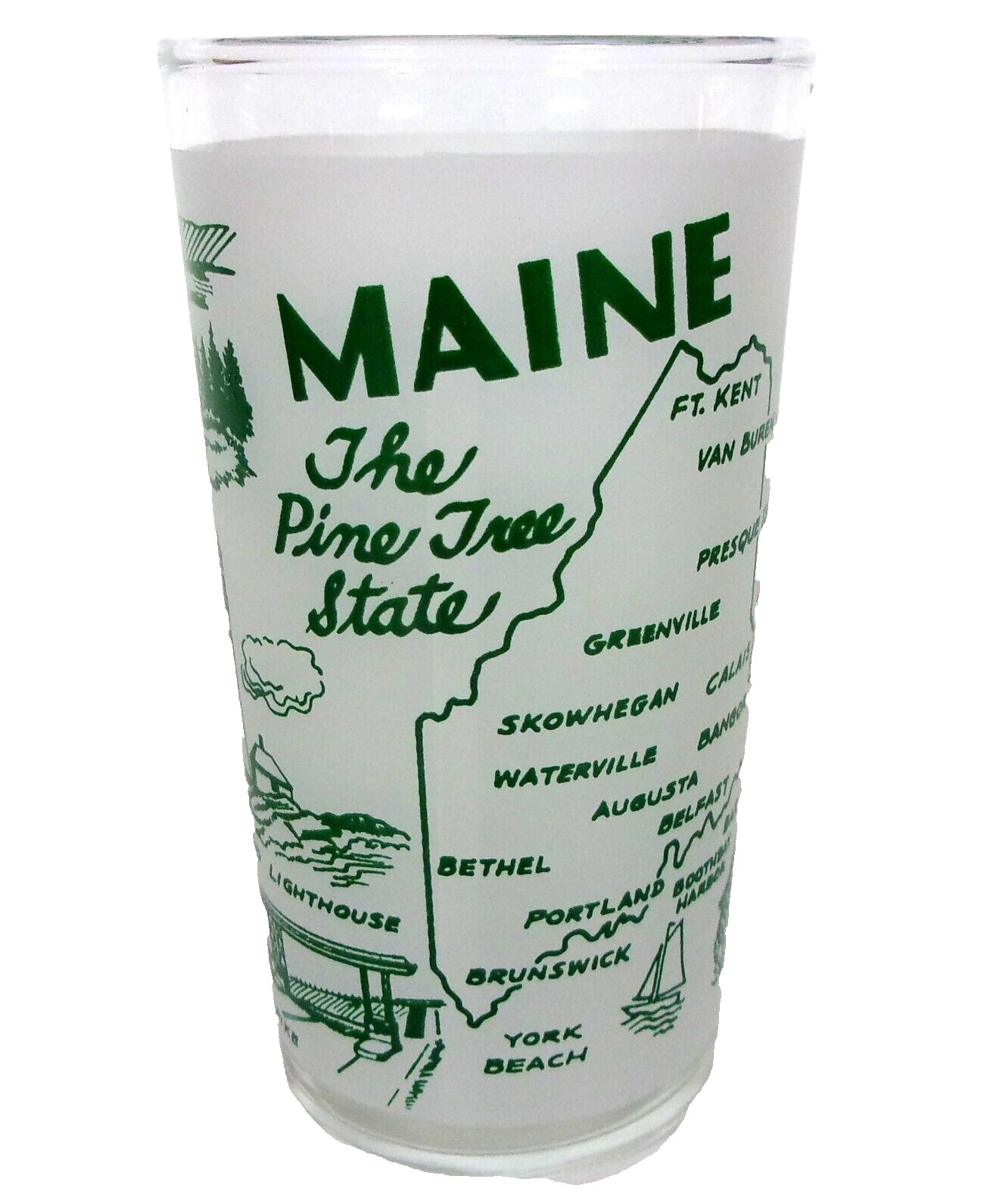 Vintage MAINE The Pine Tree State Souvenir Frosted Glass Tumbler Hazel Atlas
