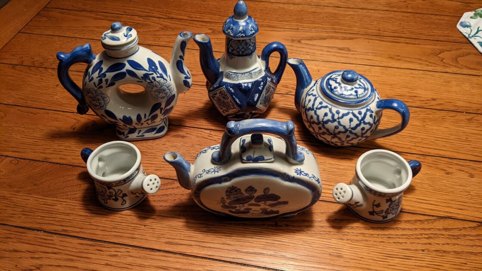 4 Blue & White Teapots with 2 Pours. From the Canton Collection by Two’s Company