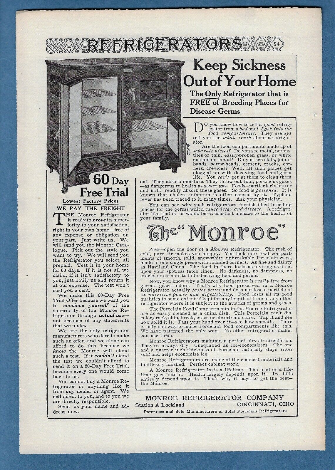 1906 MONROE REFRIGERATOR AD ~ ICE BOX ~ KEEP SICKNESS OUT OF YOUR HOME