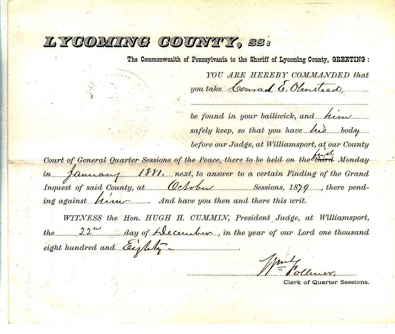 1880 Grand Jury Bench Warrant - Lycoming Co., PA - ALL NAMES IN LISTING