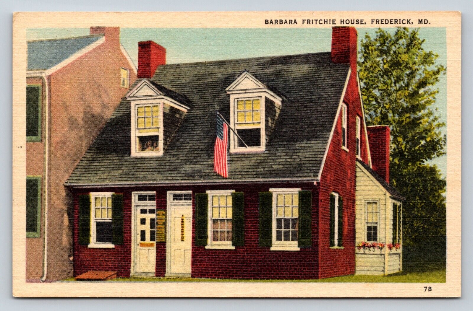Barbara Fritchie House in Frederick Maryland US Flag Vintage Linen Postcard 1673