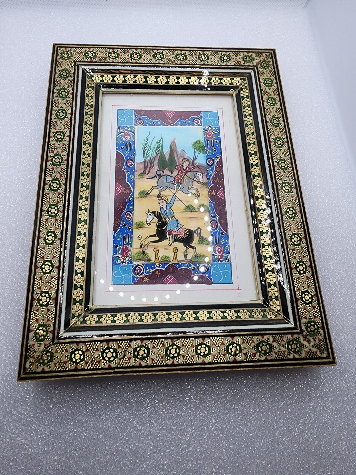Persian Camel Bone Painting Art Khatam inlay inlaid Wood Frame Hunting Horse VTG