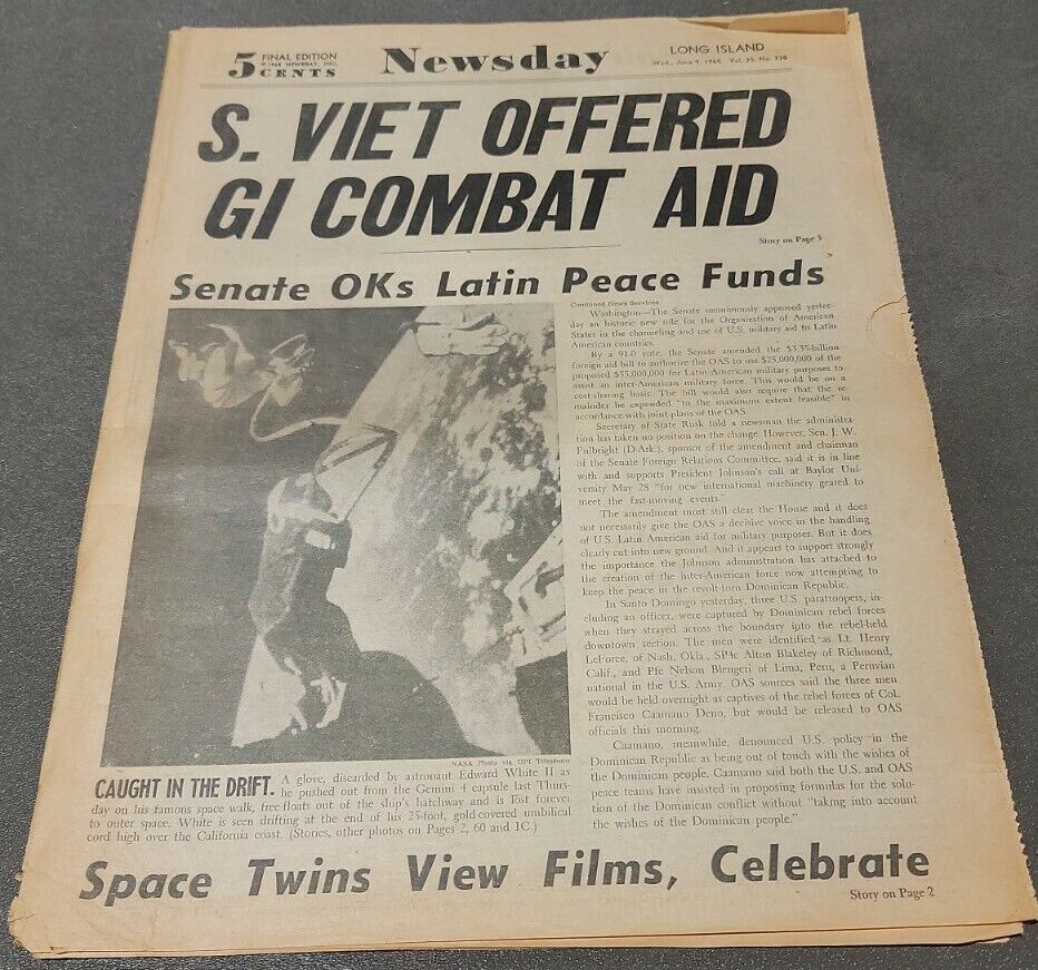 Newsday June 9, 1965 Vintage Newspaper Cover Only Vietnam
