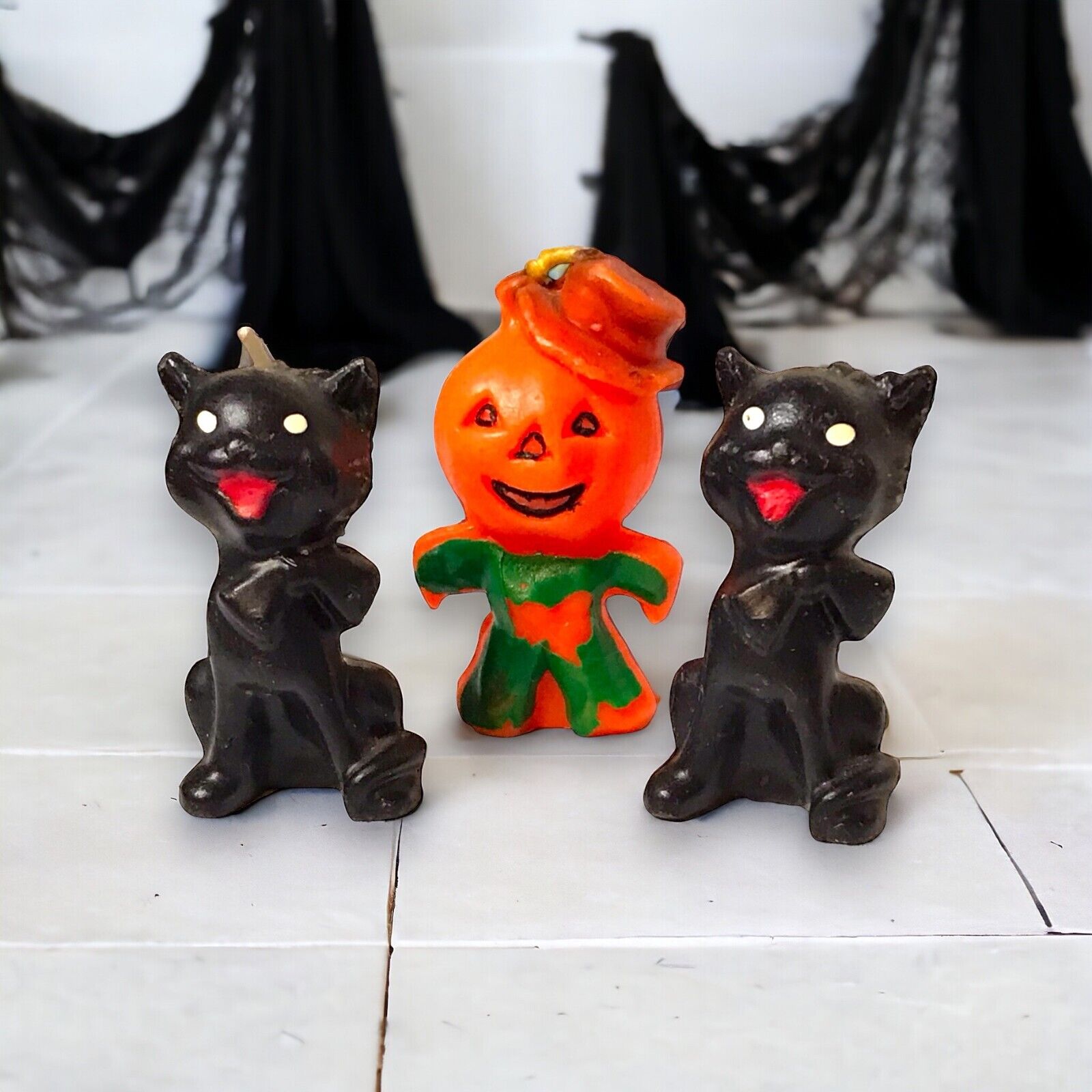 Vintage Gurley Brand Halloween Novelty Candles Set/3 Black Cats & Pumpkin Man