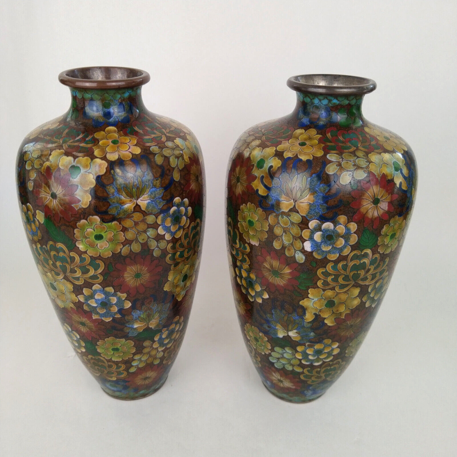 Pair of Vintage Hand Painted Cloisonne Metal Vase Floral Motif 9.5\