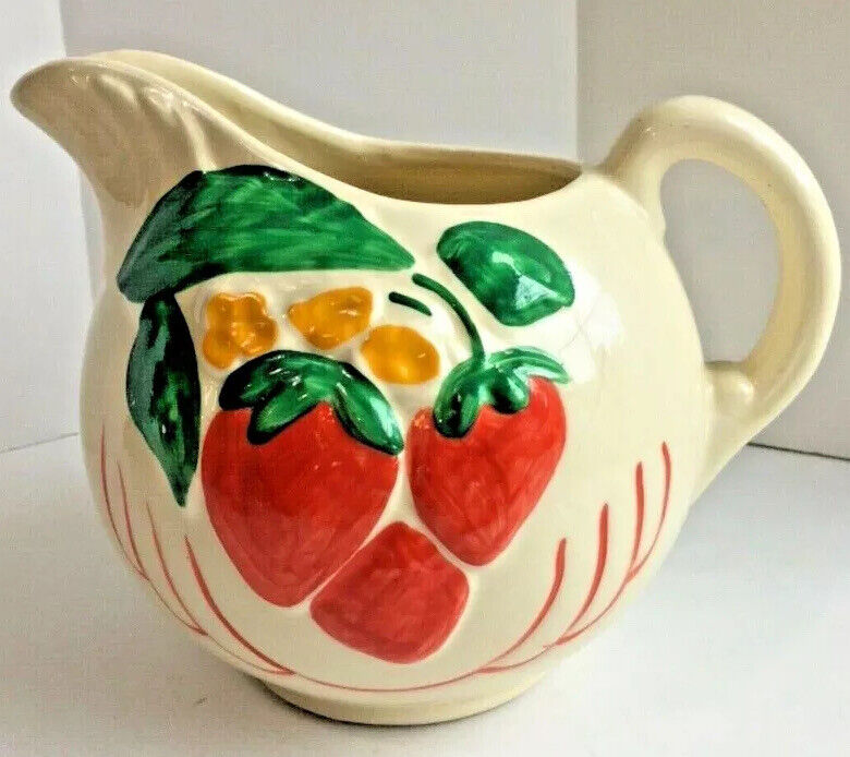 Vintage 1940’s American Bisque Embossed Strawberry Ball Pitcher Ice Lip Tilt