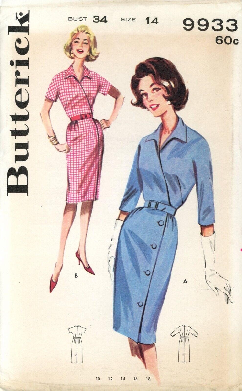 Butterick 9933 Slim Skirted Dress w Wrapped Bodice, Button Detail Sz 14 UNCUT