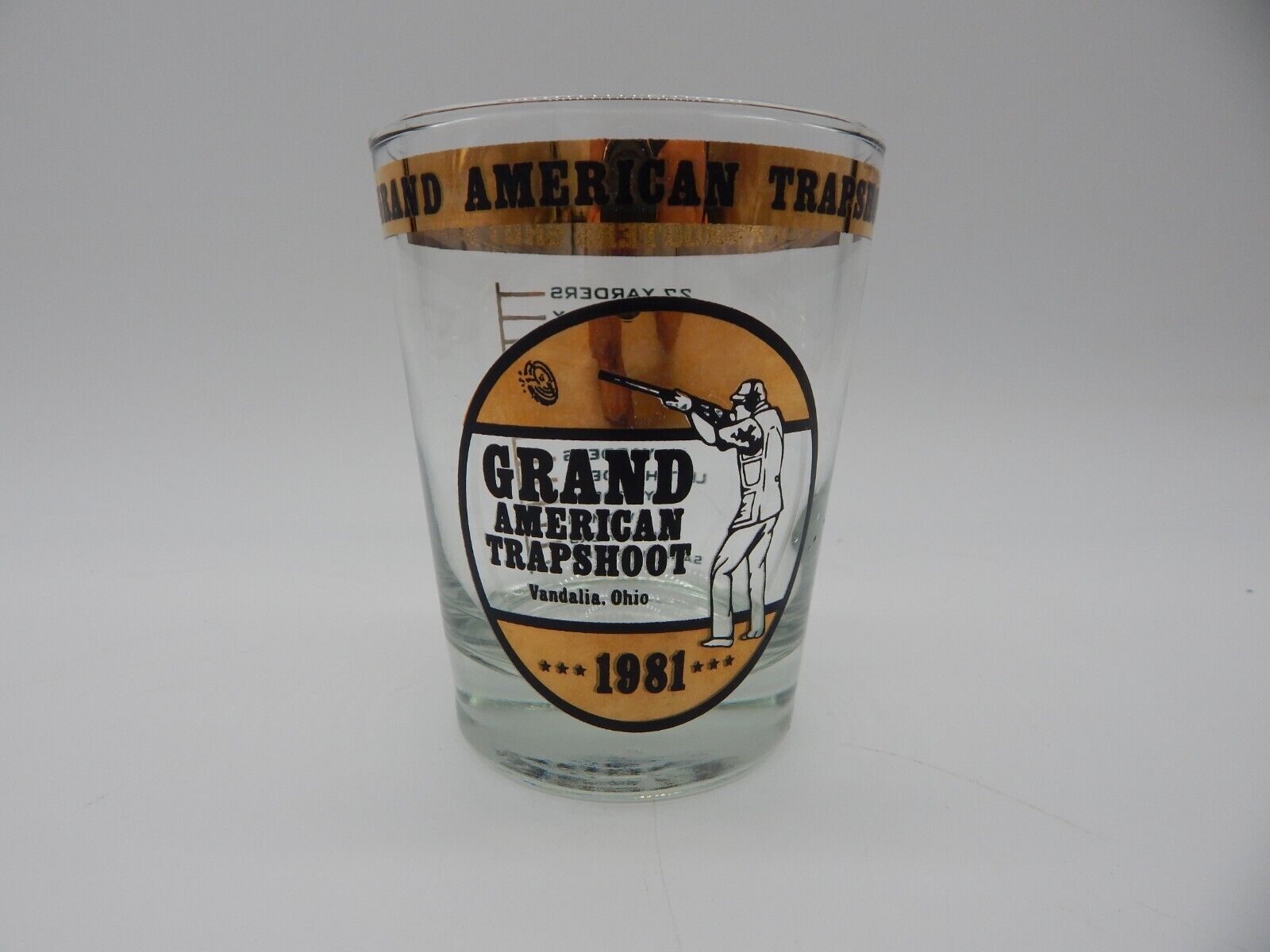 Vintage 1981 Grand American TrapShoot Vandalia OH Trapshooter Glass Gold Trim