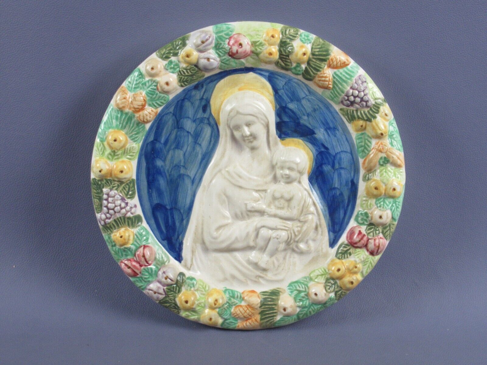 High Relief Ceramics Madonna With Child and Fruits Wall Vintage Xx Century