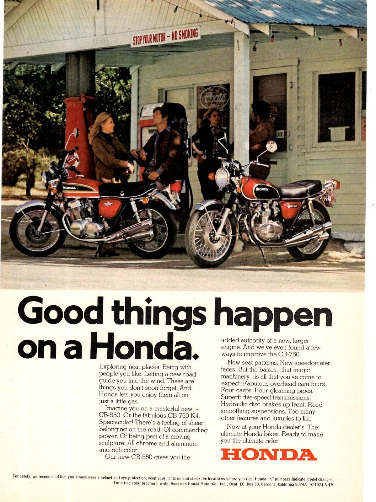 1974 Print Ad Honda Motorcycle Good things happen Two Couples Gas Station