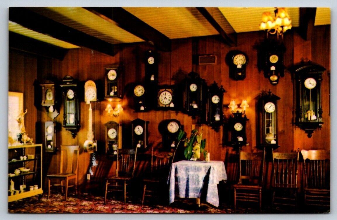 Chrome Postcard Cambria California Brambles Dinner House Wall of Clocks
