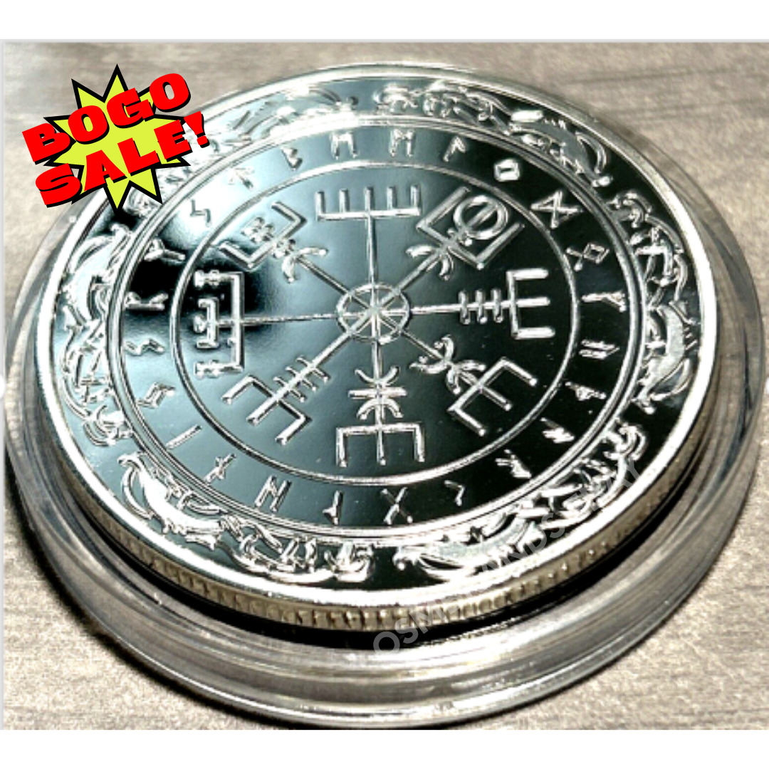 Norse Viking Rune Vegvisir Compass Challenge Coin Silver Plated