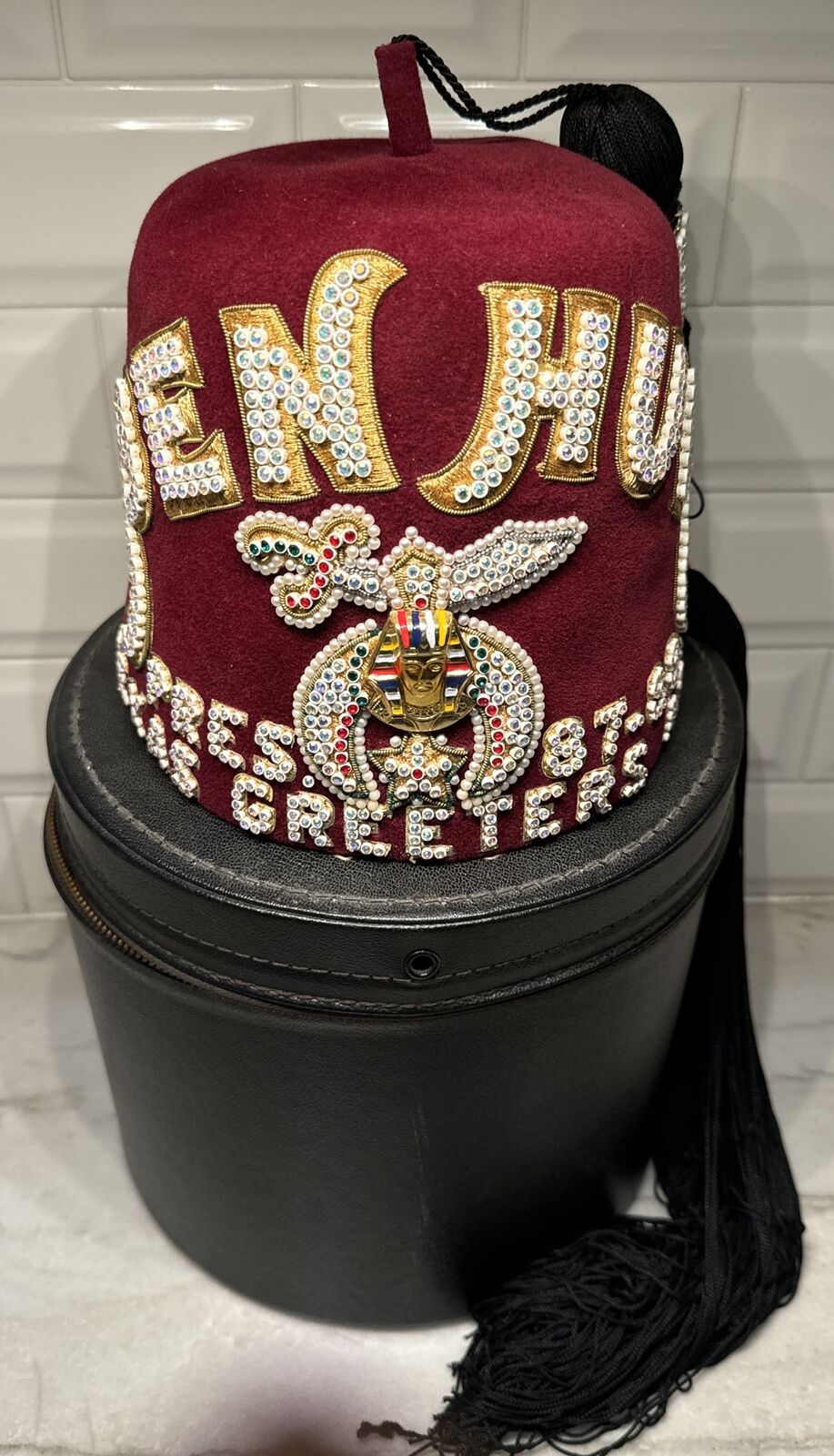 Vintage Shriner Fez Hat Cap + Case, Ben Hur Pres. 87-88 Texas Greeters Assn