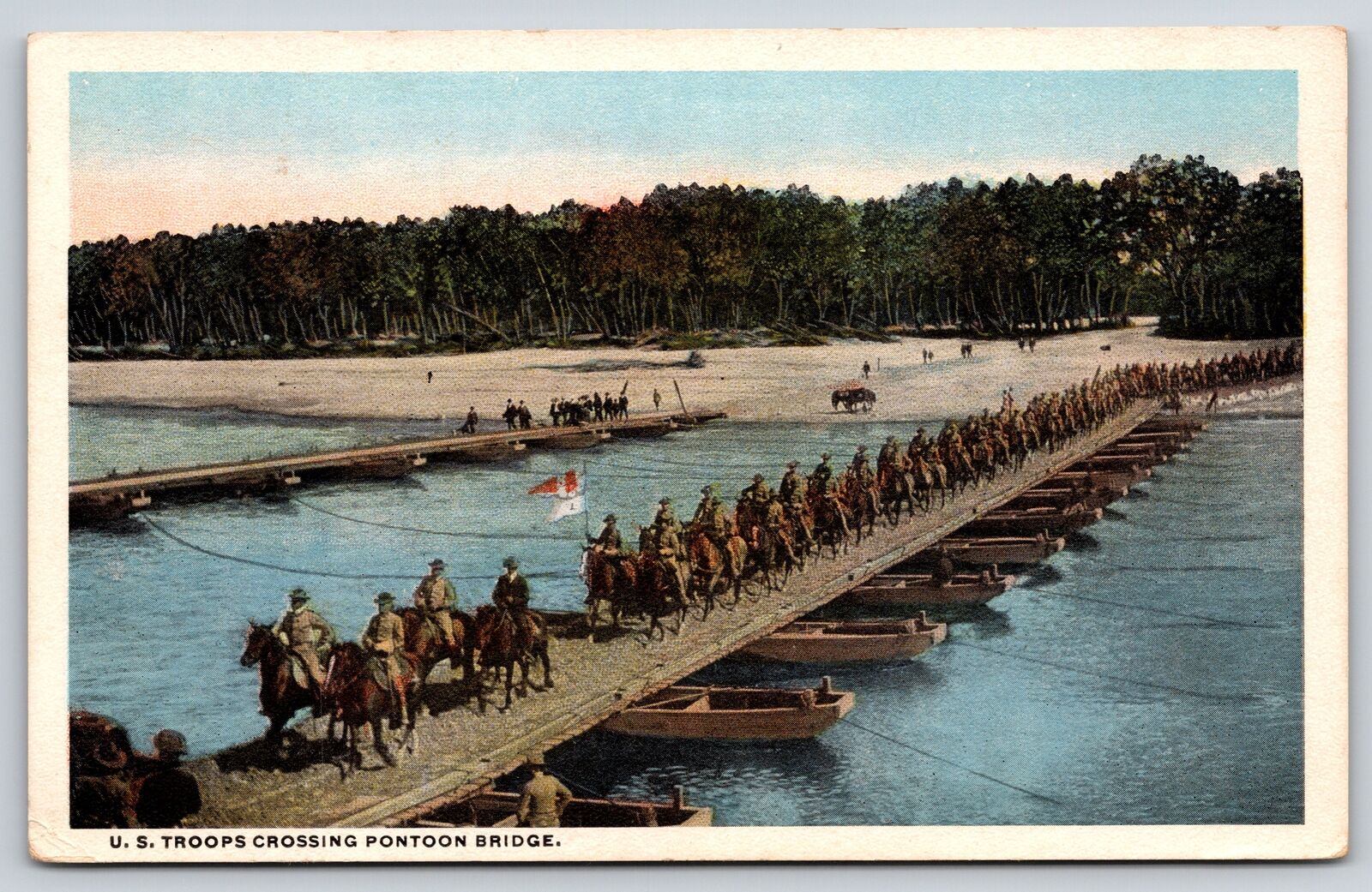 Military~Air View US Troops Crossing Pontoon Bridge~Vintage Postcard