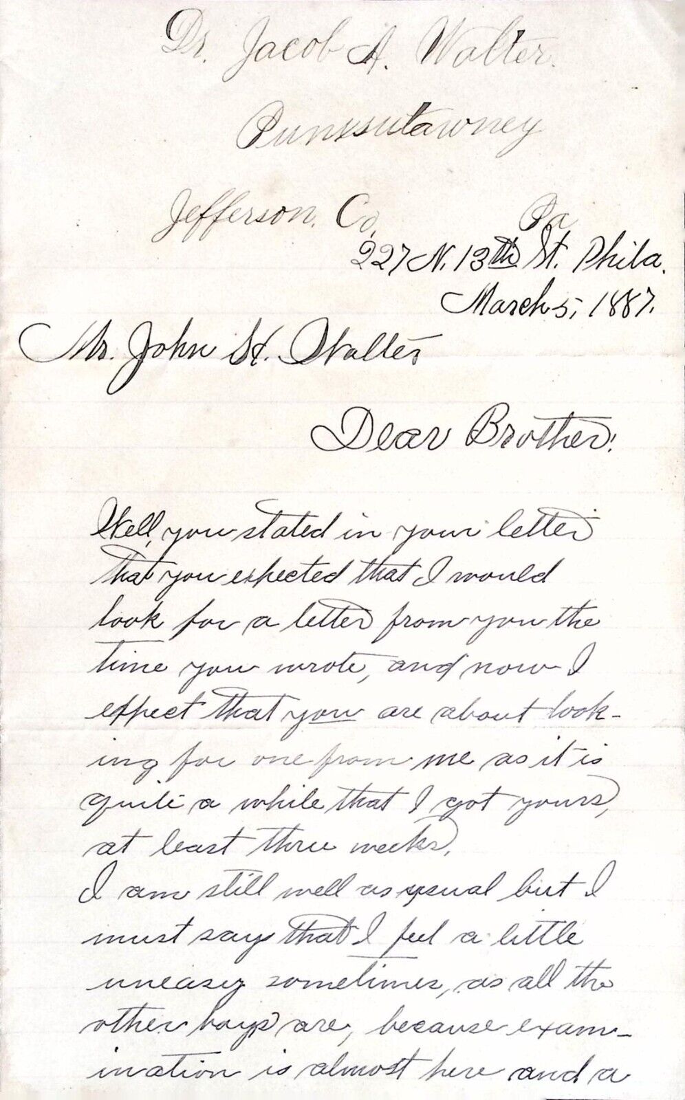 1887 Letter Philadelphia Brother to Brother Dr. Jacob A Walter Student Death