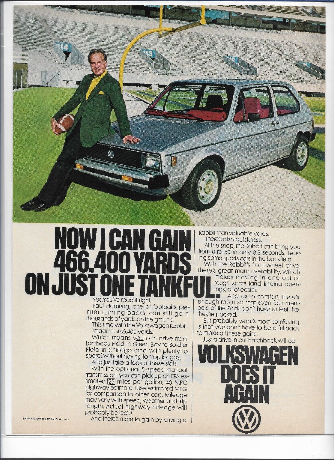 1980 Paul Hornung (Green Bay Packers HOF RB) Volkswagen Magazine Print Ad - 8x11