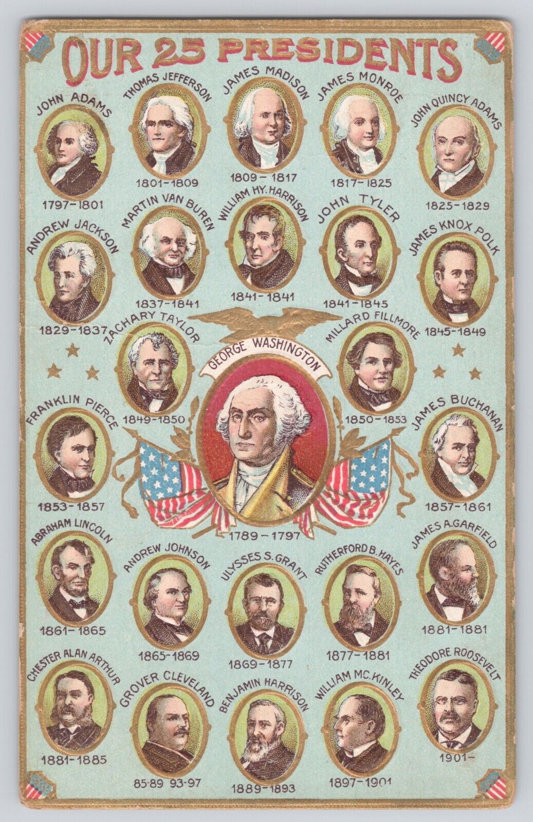 Postcard United States Our 25 Presidents Patriotic Eagle Flag Antique Embossed