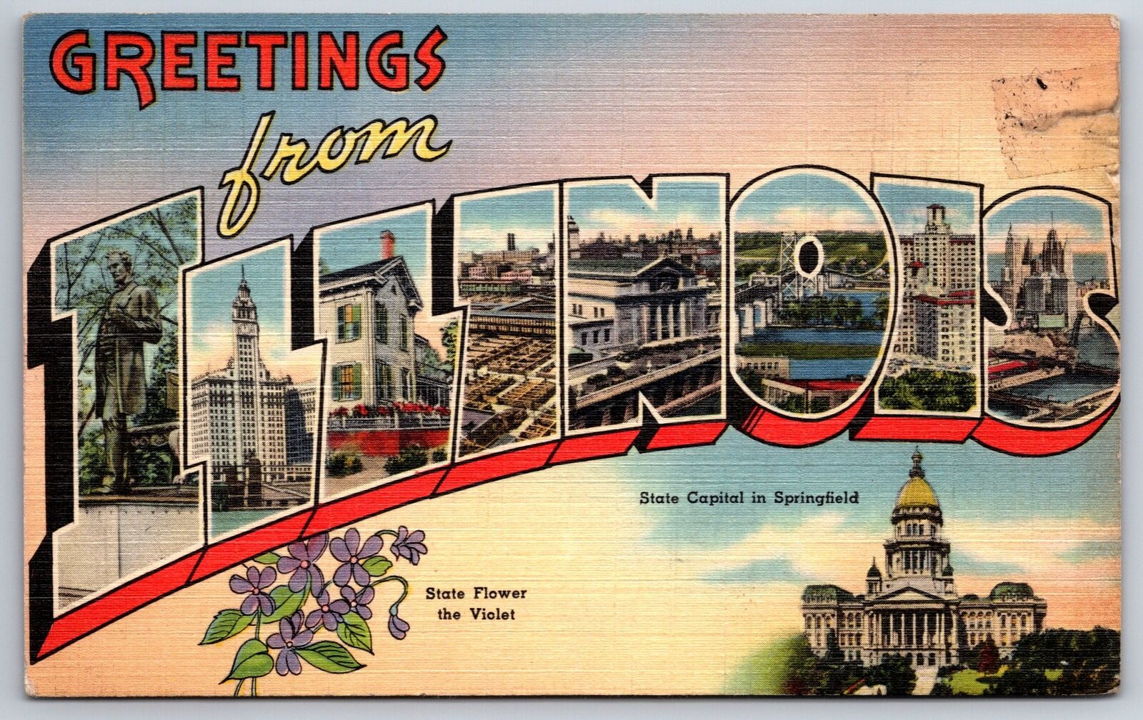 Greetings From Illinois~State Capital Bldg~PM 1945~Large Letter Linen Postcard