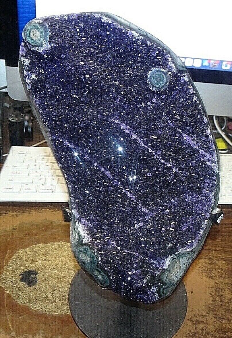 LG. AMETHYST CRYSTAL CLUSTER  CATHEDRAL GEODE F/ URUGUAY AGATE  STEEL STAND