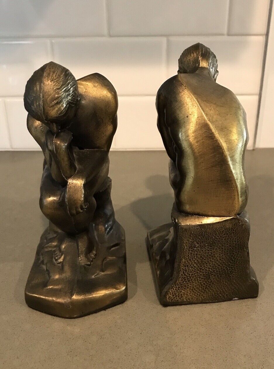 Vintage 1928 Pair Of Brass The Thinker Statue Reproduction Book Ends
