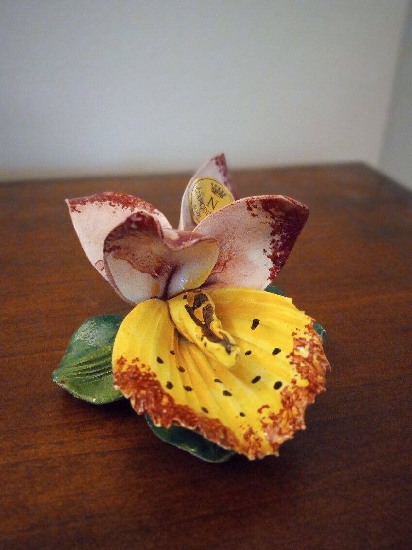 Vintage Capodimonte porcelain flower, pink & yellow orchid, Italy
