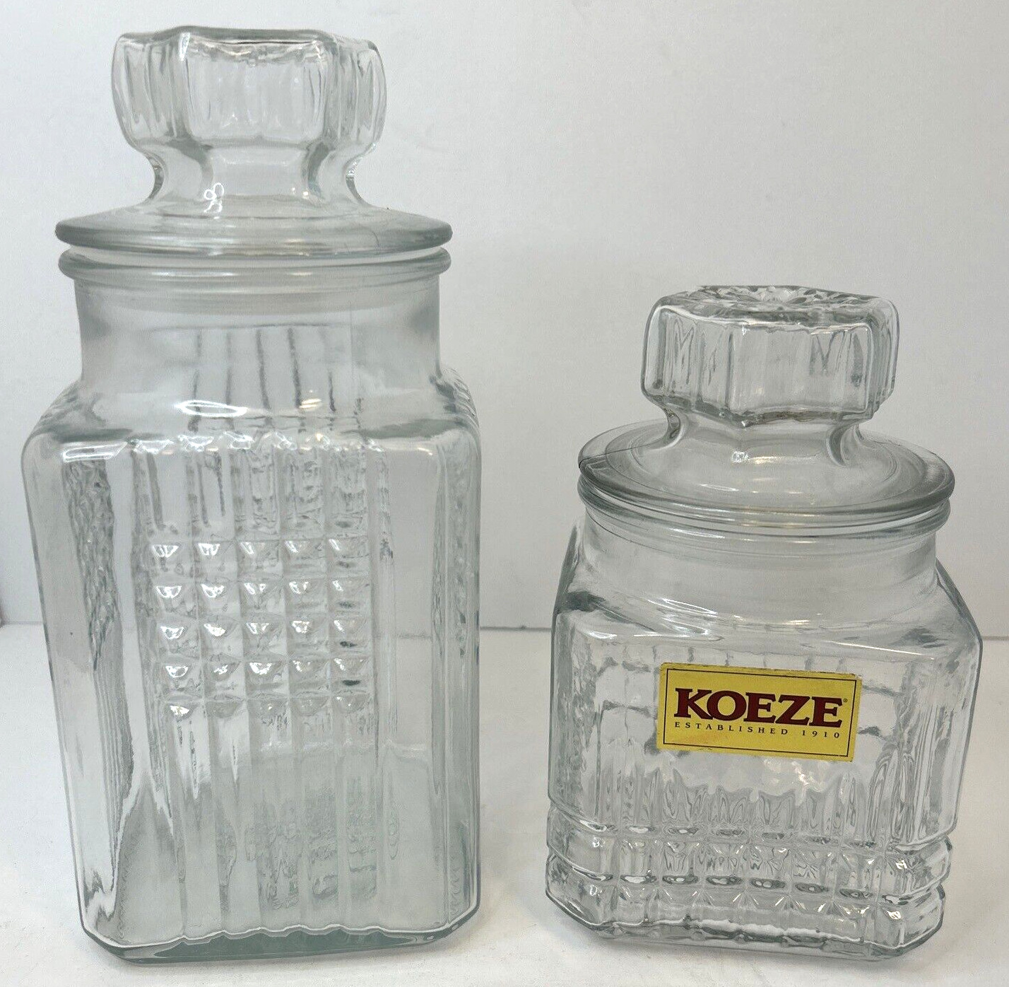 Lot Of 2 Vintage Koeze\'s Glass Candy Apothecary Square Jar Canisters 10\