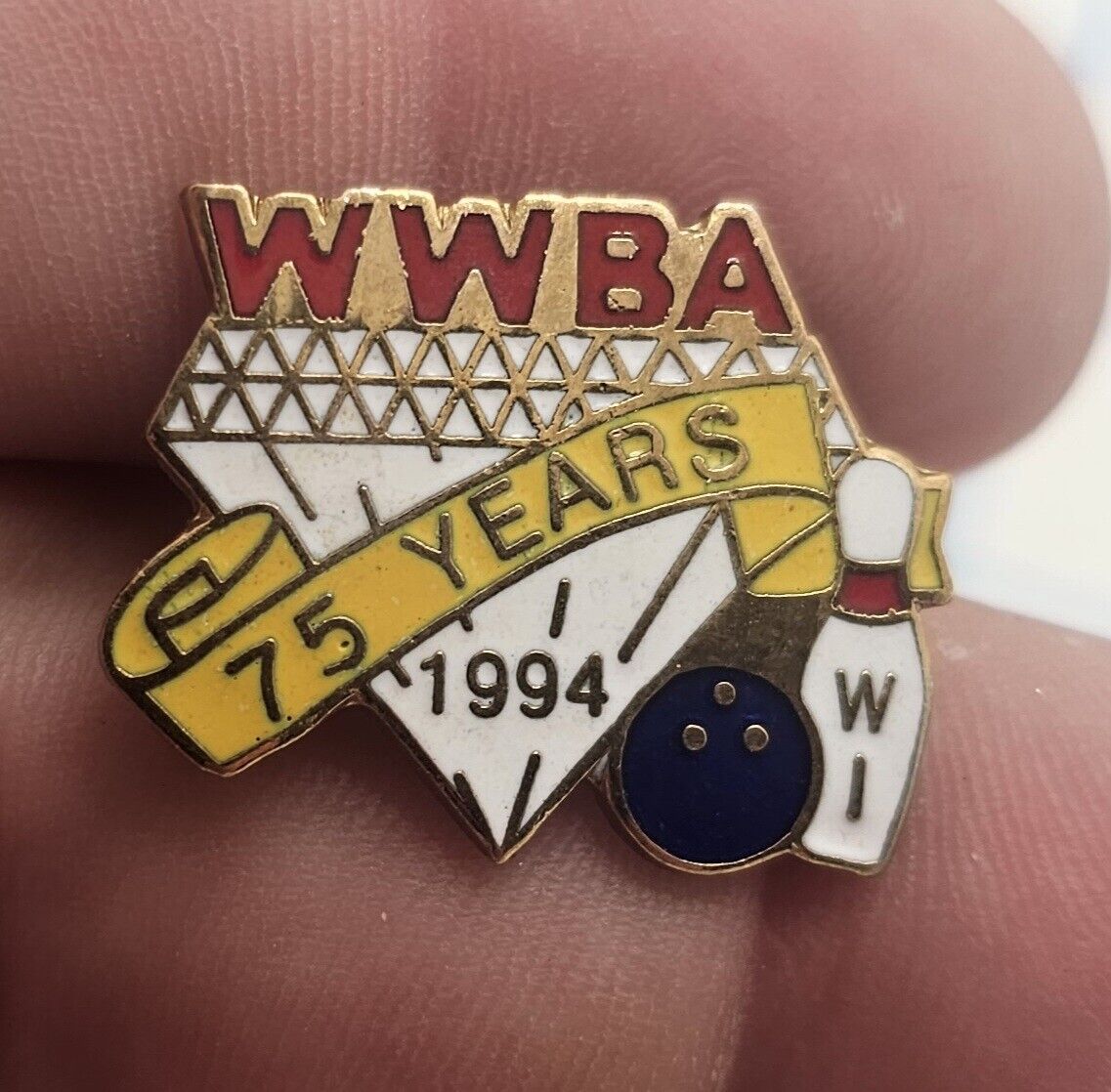 VTG Lapel Pinback Gold Tone WWBA Bowling Pin 1994 75 Years WI Enameled 