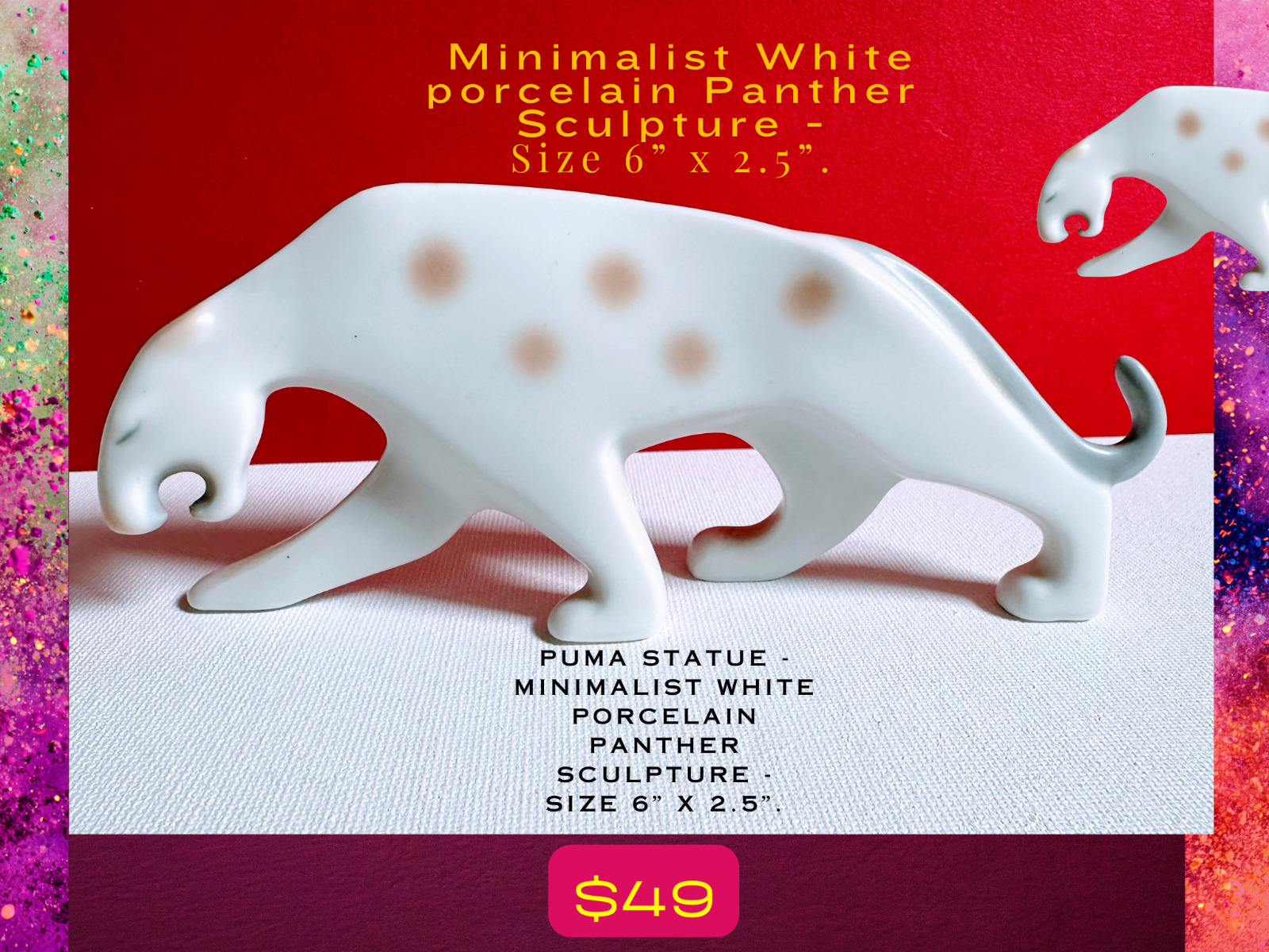 Minimalist White porcelain Panther Sculpture - Size 6” x 2.5”.